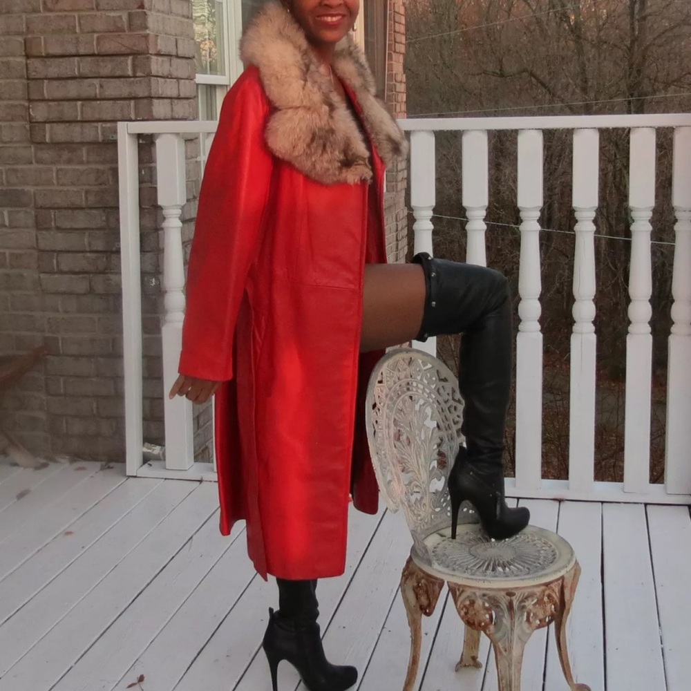 Designer Full length lipstick Red leather &fox Fur Coat jacket Stroller S-M 2-12